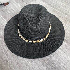 Amiani Black Wide Brim Straw Hat with Shell Accent